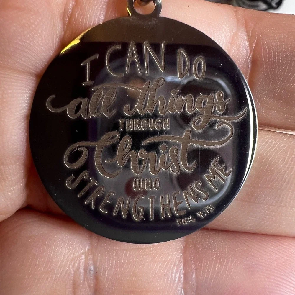 Keychain Silver Philippians 4:13 Bible Verse Engraved Medallion